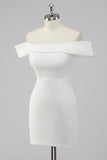 Satin White Sheath Off the Shoulder Mini Graduation Dress