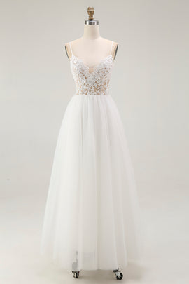Lace White Tulle Spaghetti Straps A Line Tea Length Graduation Dress
