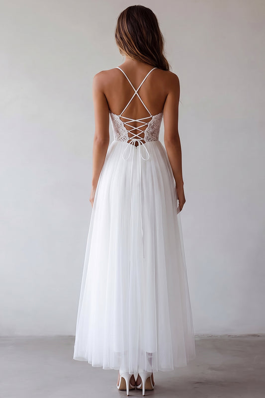 Lace White Tulle A Line Tea Length Graduation Dress