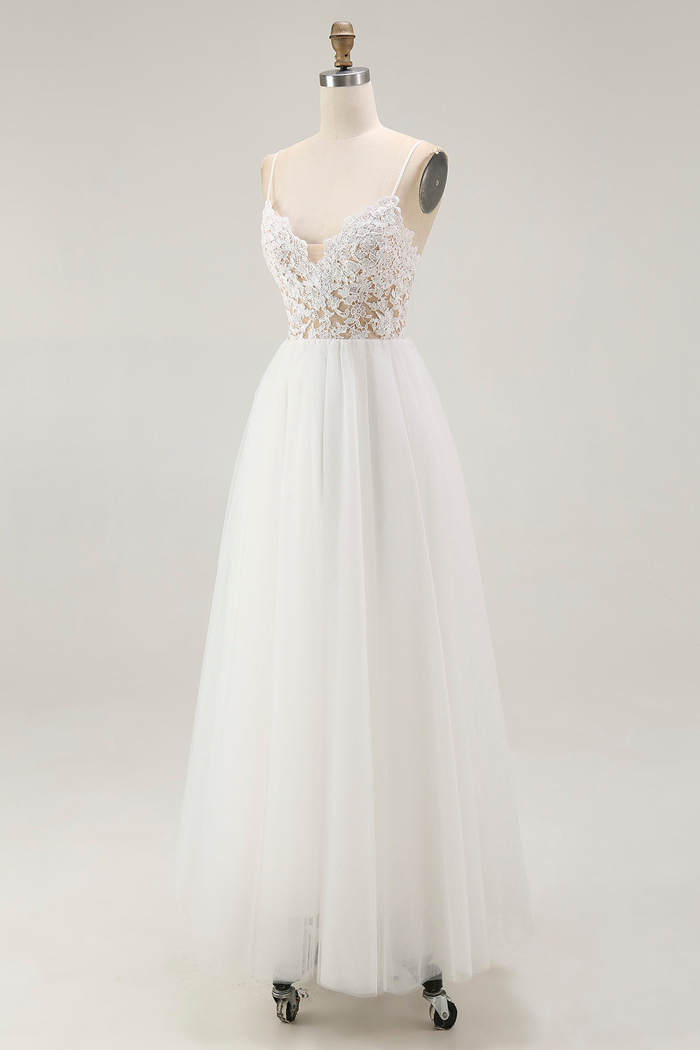 Lace White Tulle Spaghetti Straps A Line Tea Length Graduation Dress