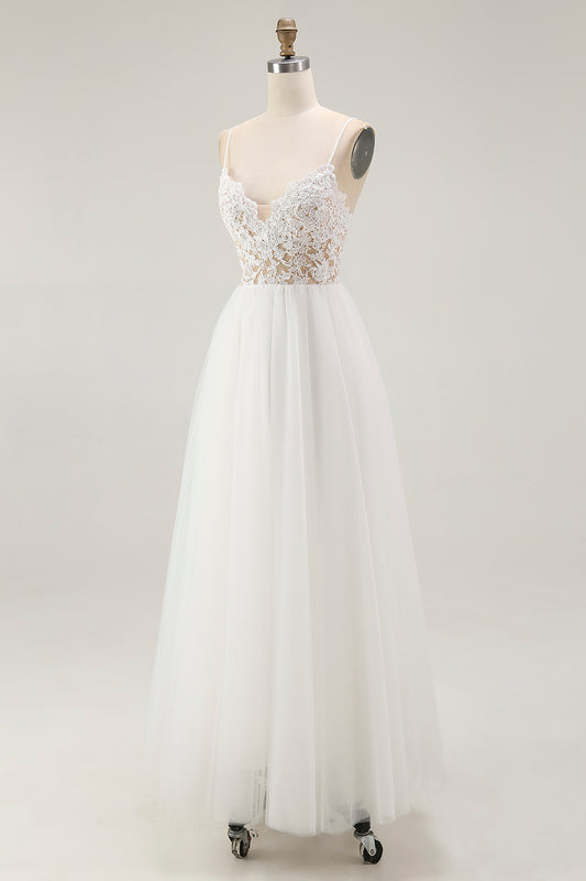 Lace White Tulle Spaghetti Straps A Line Tea Length Graduation Dress