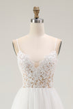 Lace White Tulle Spaghetti Straps A Line Tea Length Graduation Dress