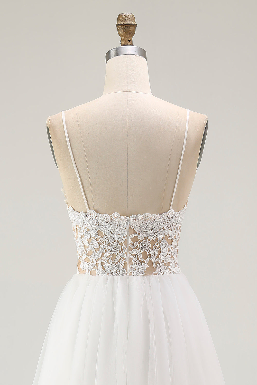 Lace White Tulle Spaghetti Straps A Line Tea Length Graduation Dress