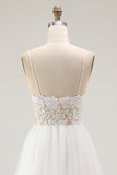 Lace White Tulle Spaghetti Straps A Line Tea Length Graduation Dress