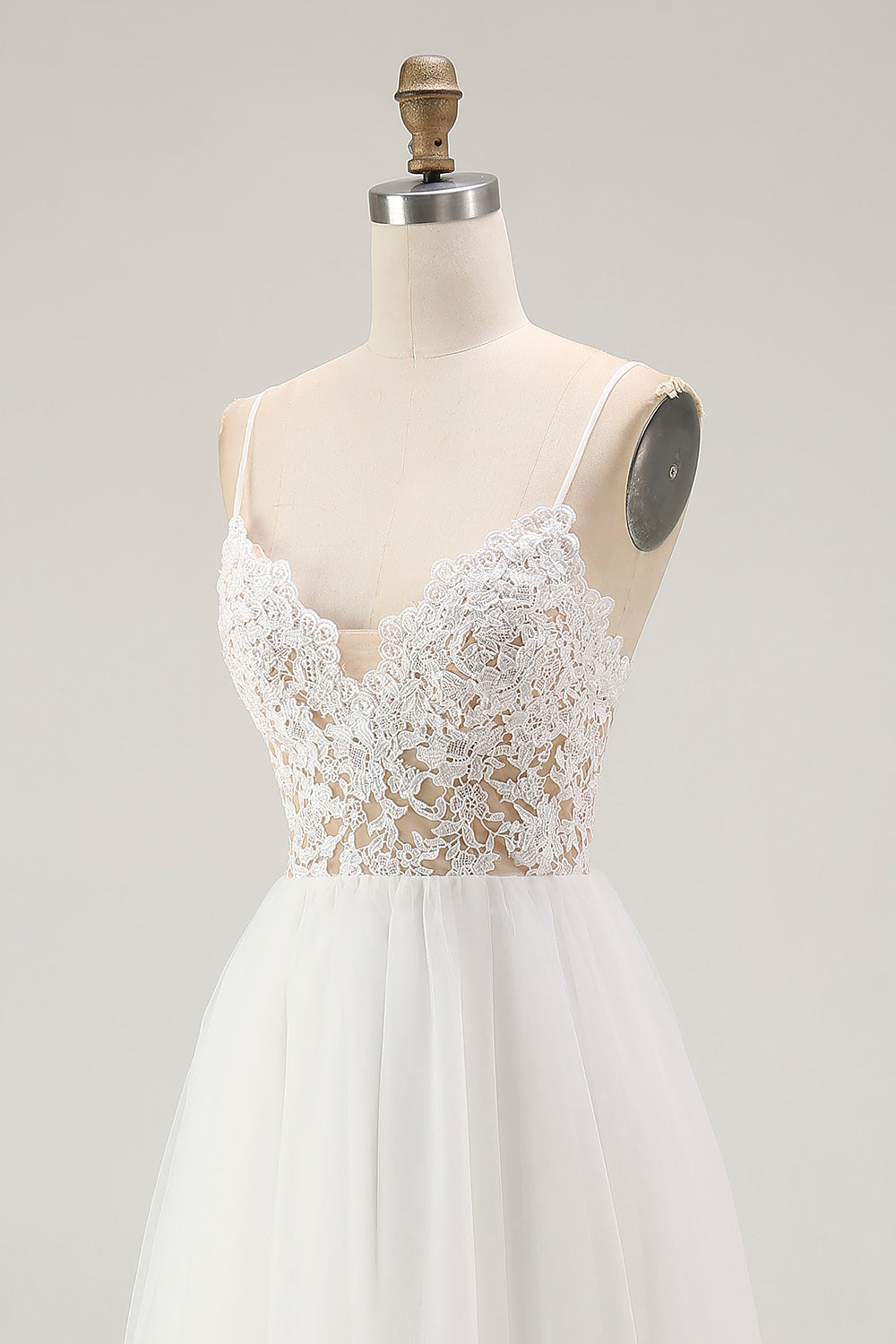 Lace White Tulle Spaghetti Straps A Line Tea Length Graduation Dress