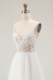 Lace White Tulle Spaghetti Straps A Line Tea Length Graduation Dress