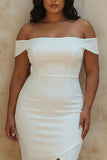 Plus Size White Chic Sheath Satin Off the Shoulder Short Graduation Dress
