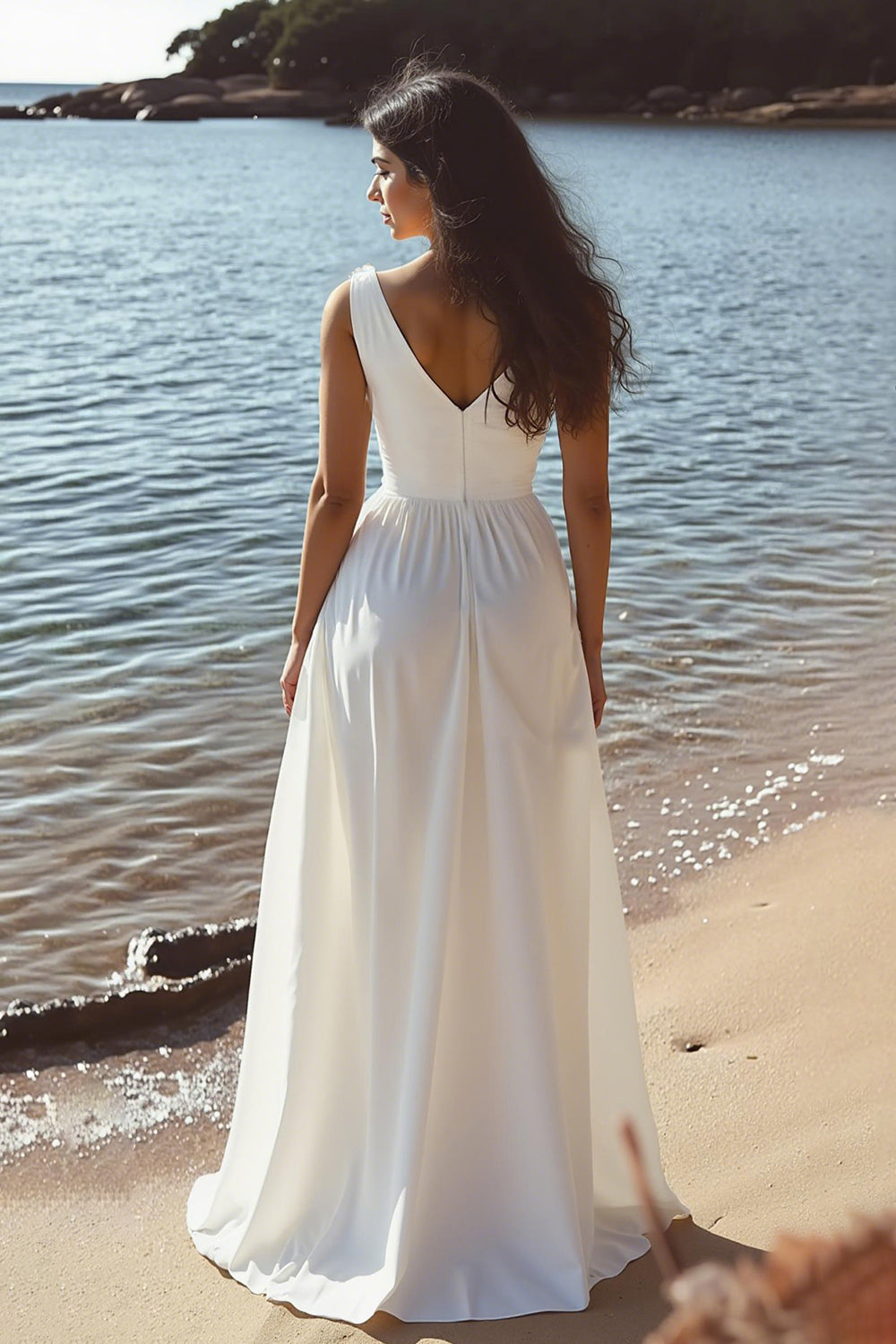 A Line V-Neck Sleeveless White Graduation Dress