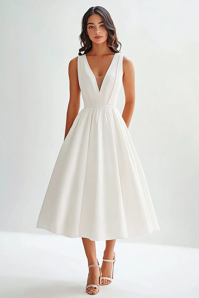 ZAPAKASA Women White Graduation Dress Matte Satin A Line V Neck