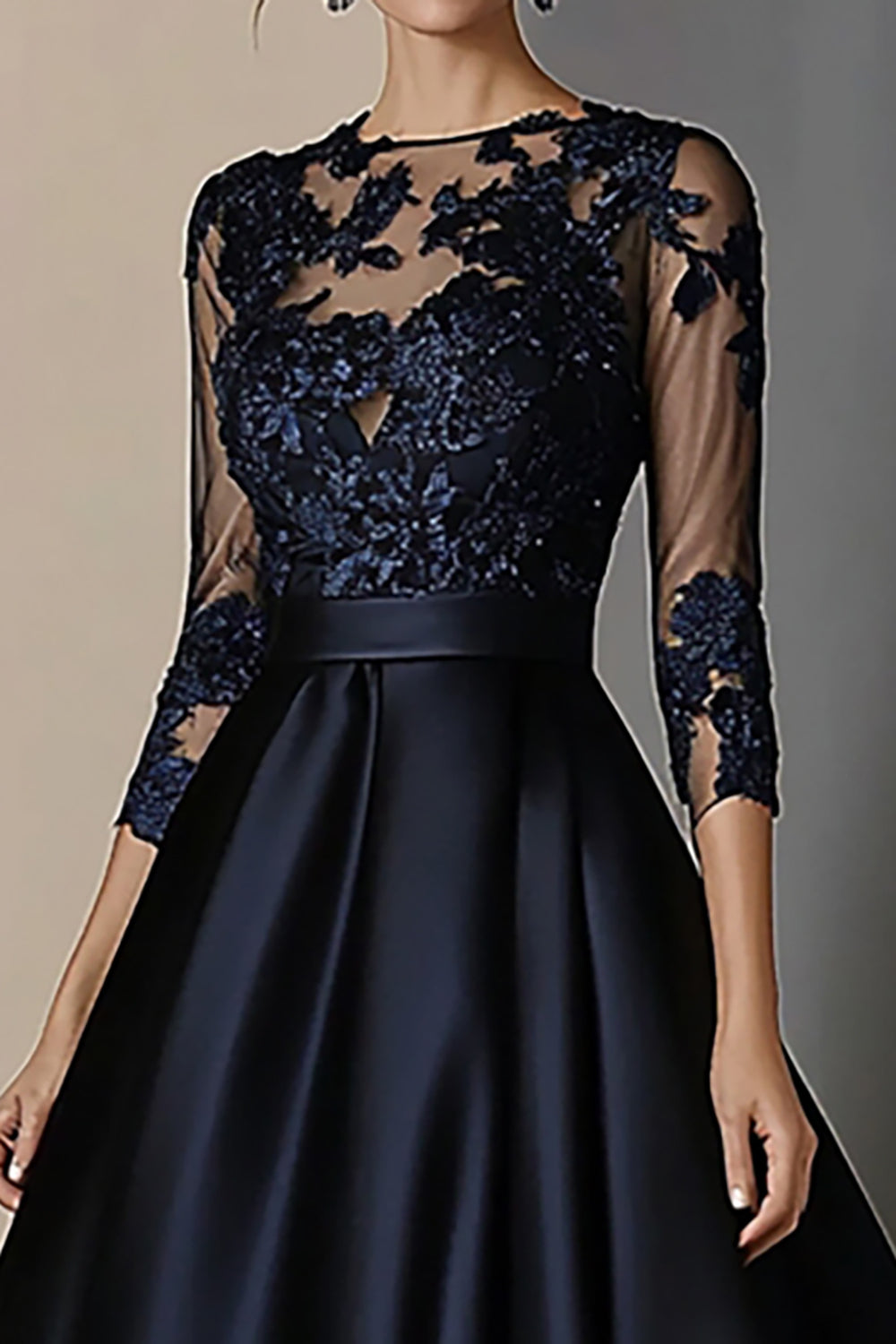 ZAPAKASA Women A Line Navy Lace Mother Of Bride Dress with 3/4 Sleeves Satin Wedding Guest Dress with Belt ZAPAKASA Women A Line Navy Lace Mother Of Bride Dress with 3/4 Sleeves Satin Wedding Guest Dress with Belt