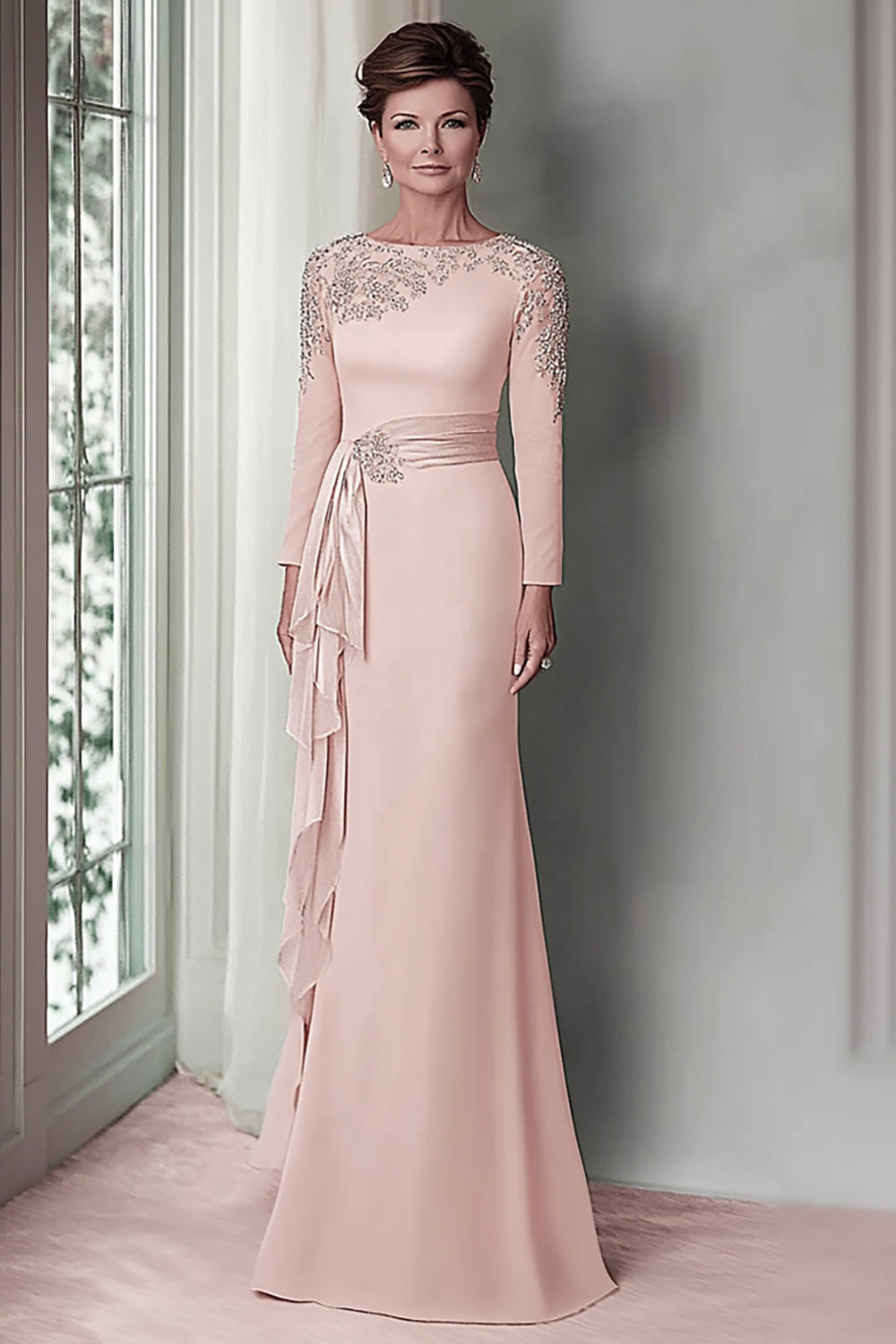Blush Sheath Long Lace Mother Of The Bride Dress with Sleeves