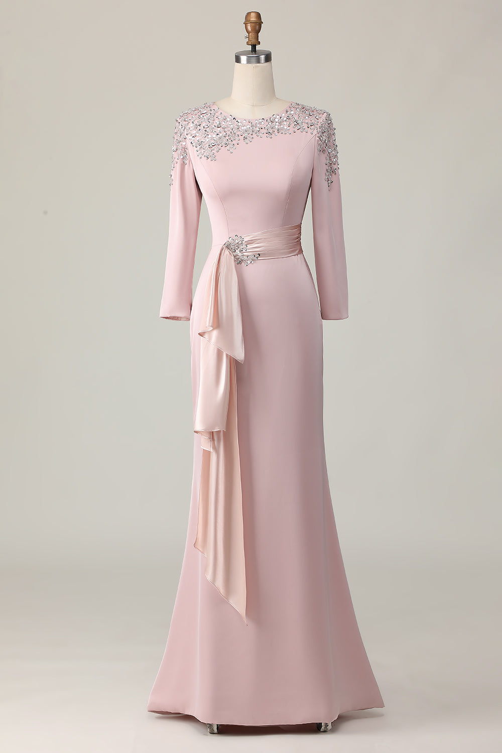 ZAPAKASA Women Blush Lace Long Mother Of The Bride Dress with Sleeves Sheath Satin Wedding Guest Dress with Belt ZAPAKASA Women Blush Lace Long Mother Of The Bride Dress with Sleeves Sheath Satin Wedding Guest Dress with Belt