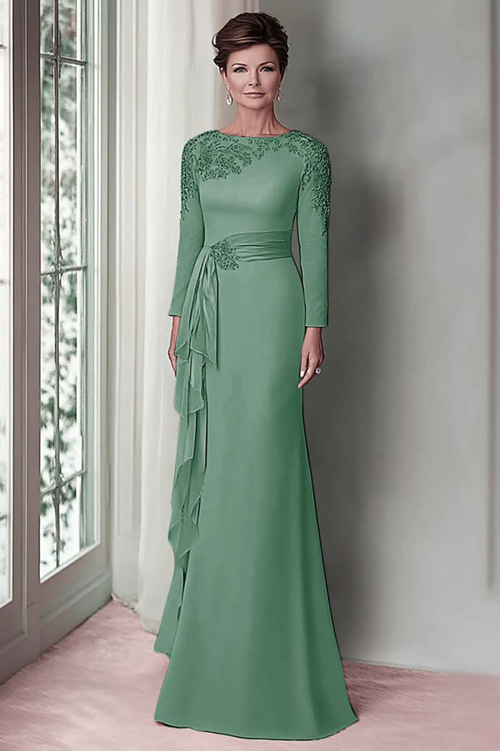 Blush Lace Sheath Mother Of The Bride Dress with Long Sleeves