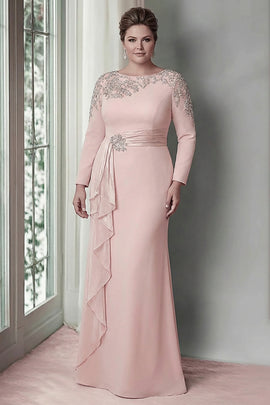 Plus Size Blush Sheath Lace Long Mother Of The Bride Dress with Sleeves