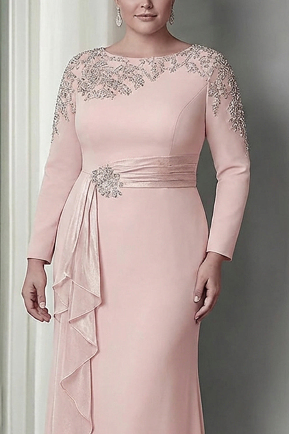 Plus Size Blush Sheath Lace Long Mother Of The Bride Dress with Sleeves