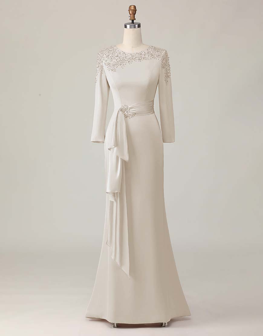 ZAPAKASA Women Blush Lace Long Mother Of The Bride Dress with Sleeves Sheath Satin Wedding Guest Dress with Belt ZAPAKASA Women Blush Lace Long Mother Of The Bride Dress with Sleeves Sheath Satin Wedding Guest Dress with Belt
