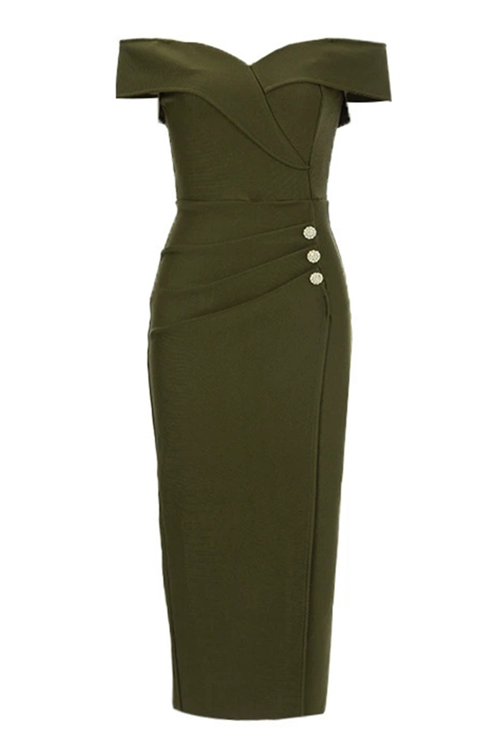 Army Green Sheath Off the Shoulder Tea Length Prom Dress with Slit