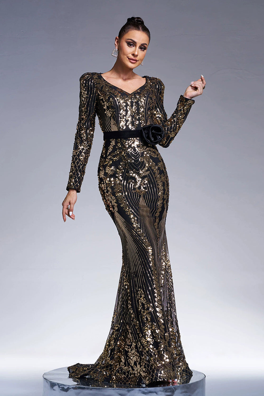 ZAPAKASA Women Sparkly Black Golden Long Formal Dress V Neck Long