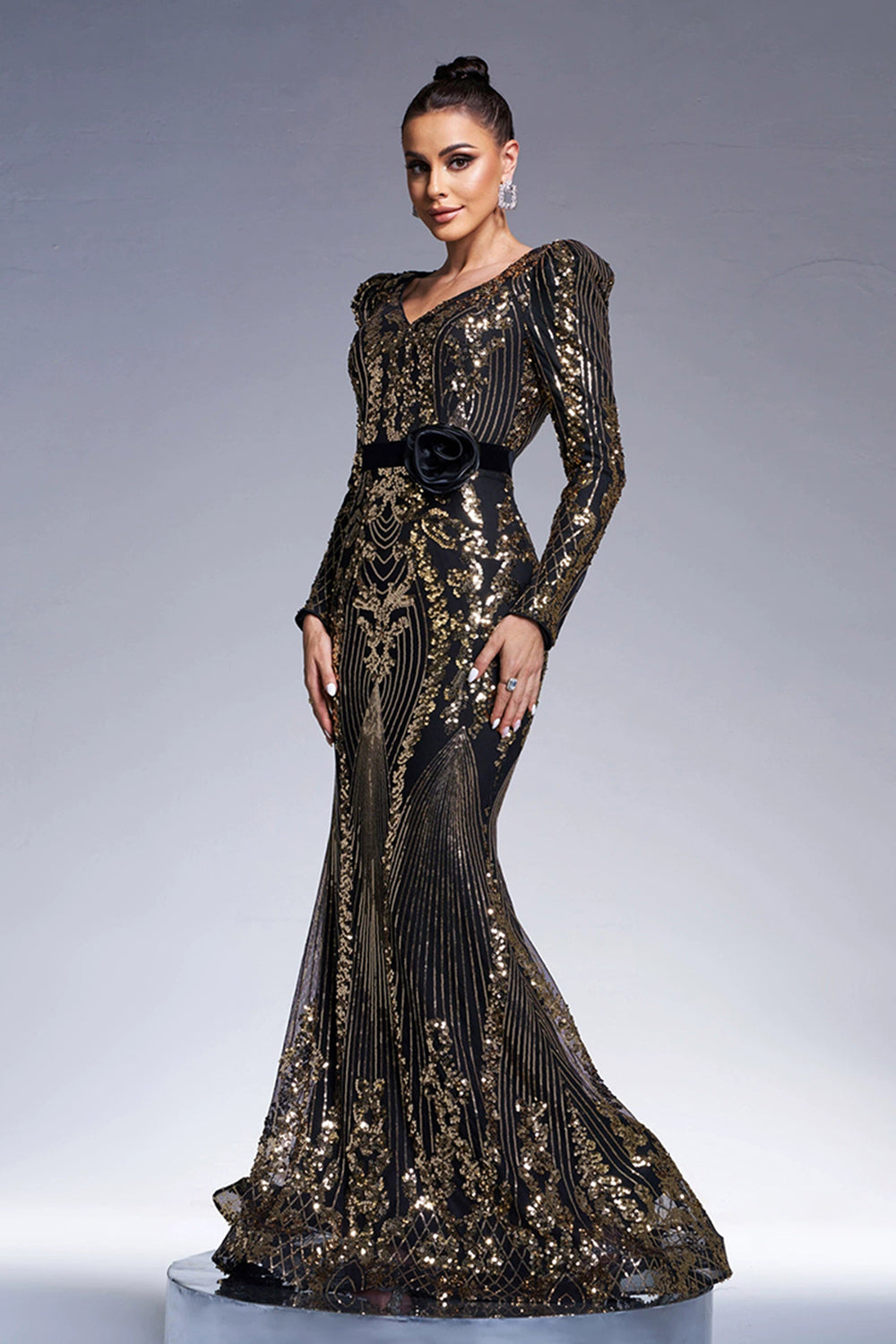 ZAPAKASA Women Sparkly Black Golden Long Formal Dress V Neck Long
