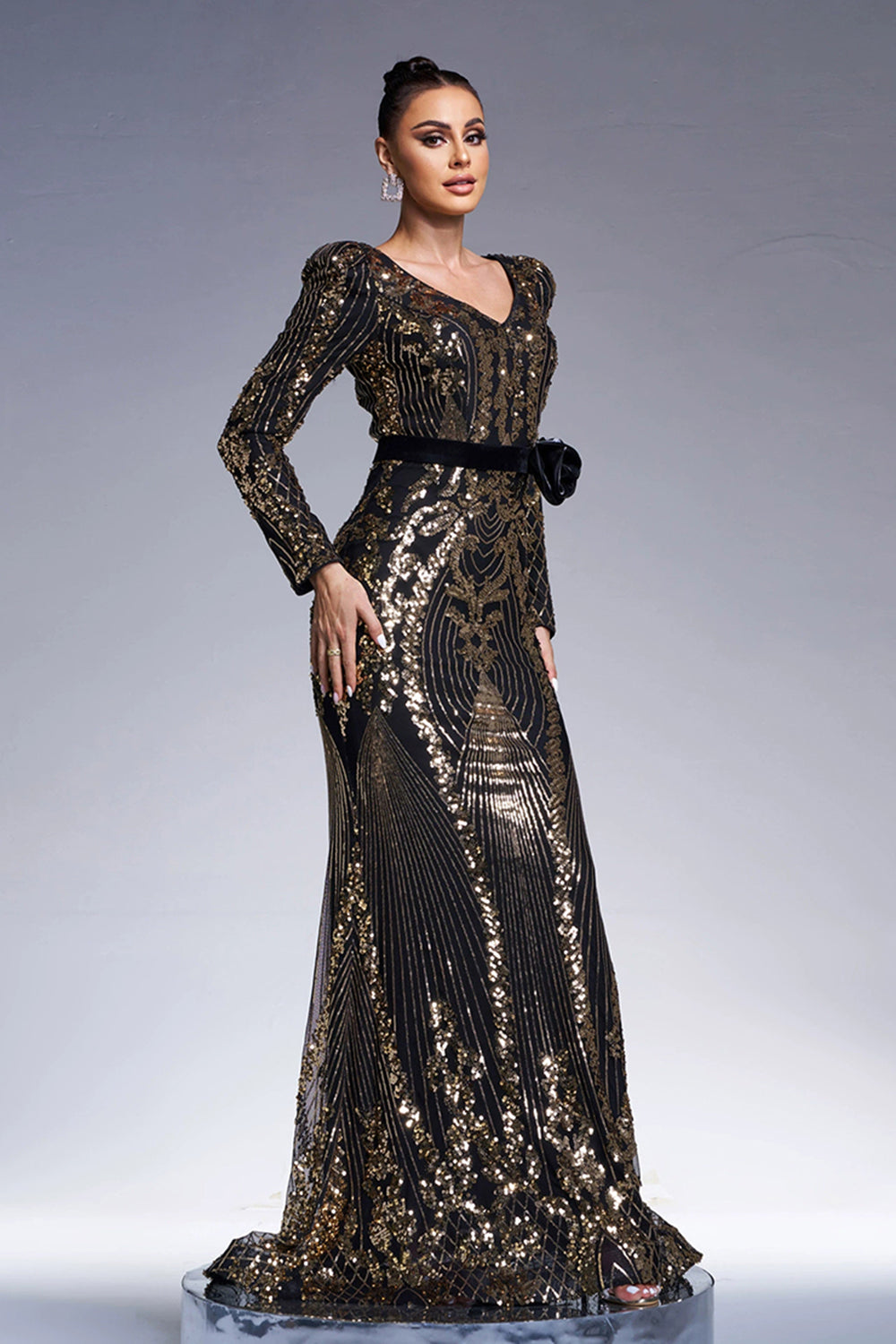 ZAPAKASA Women Sparkly Black Golden Long Formal Dress V Neck Long