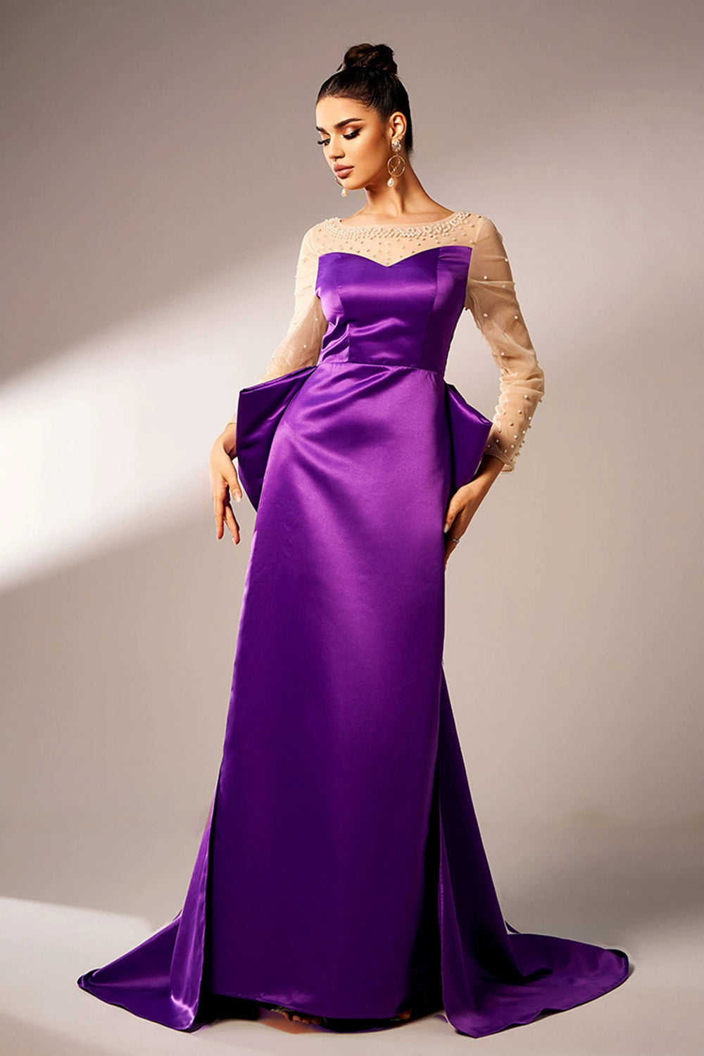 Dark Purple Mermaid Illusion Neck Long Sleeves Pearls Satin Formal Dress with Bow