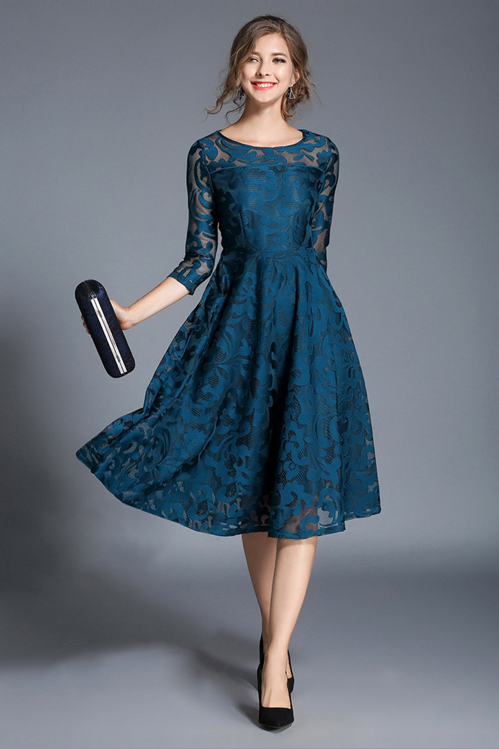 Peacock A-Line Round Neck Half Sleeves Midi Mother of the Bride Dress