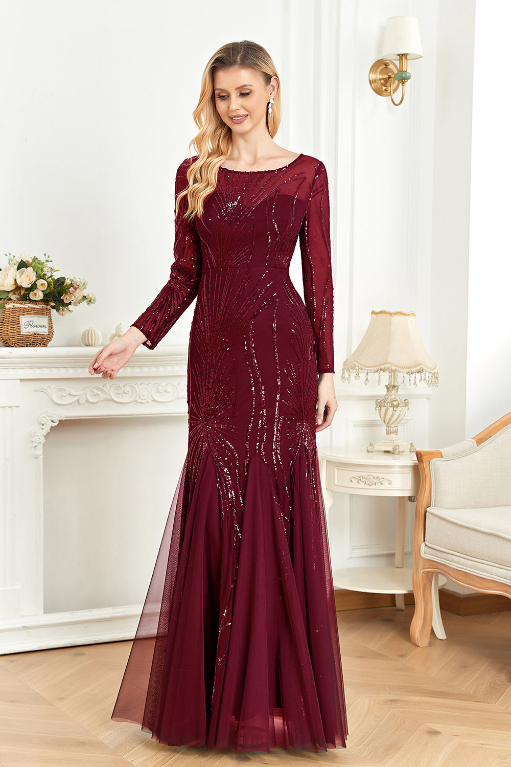 Sparkly Ink Blue Appliques Beads Long Sleeves Round Neck Mother Of The Bride Dress