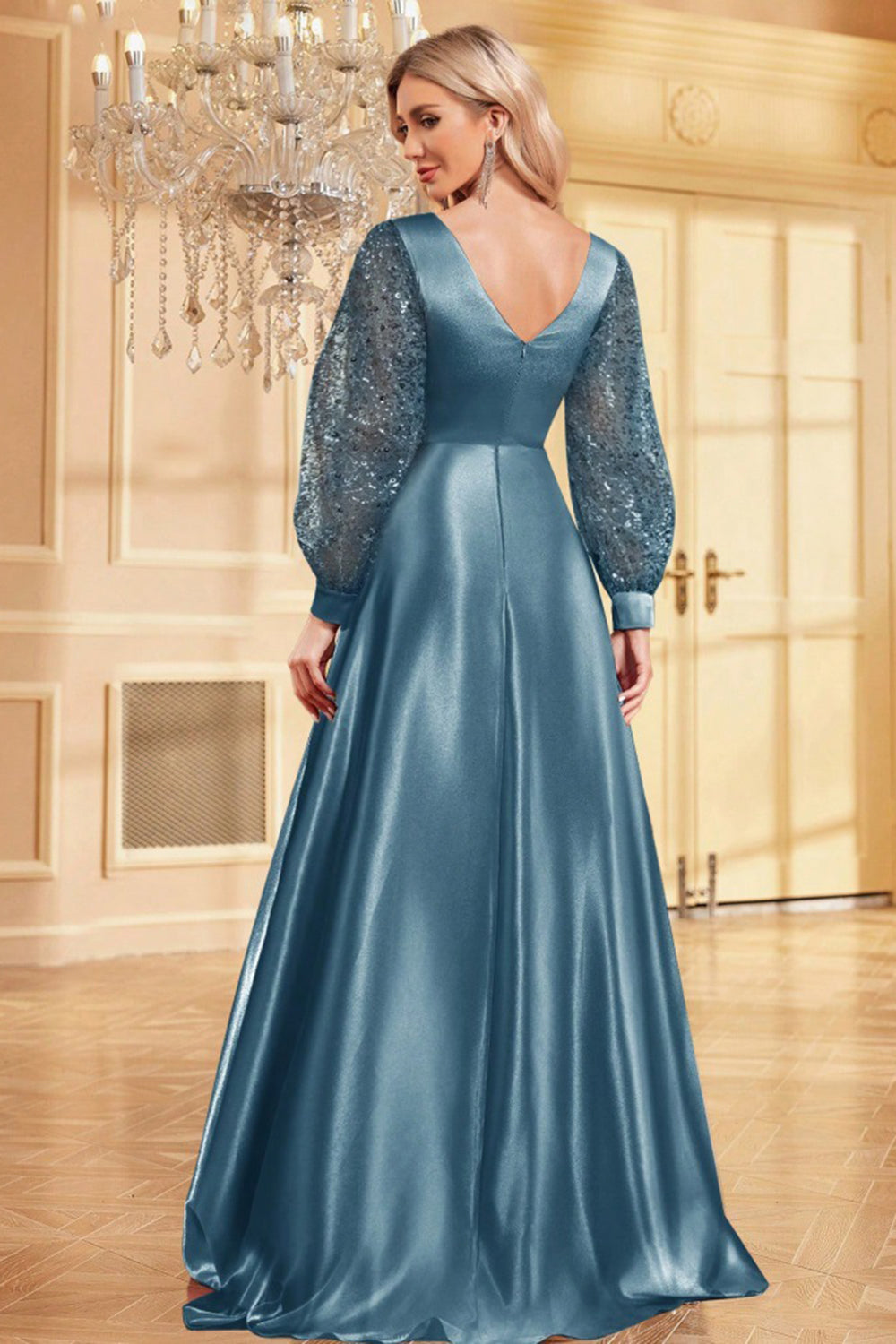 Navy Sequin Long Sleeves A Line Mother Of The Bride Dresse