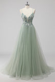 Pink A-Line Spaghetti Straps Tulle Long Prom Dress with Sequined Appliques