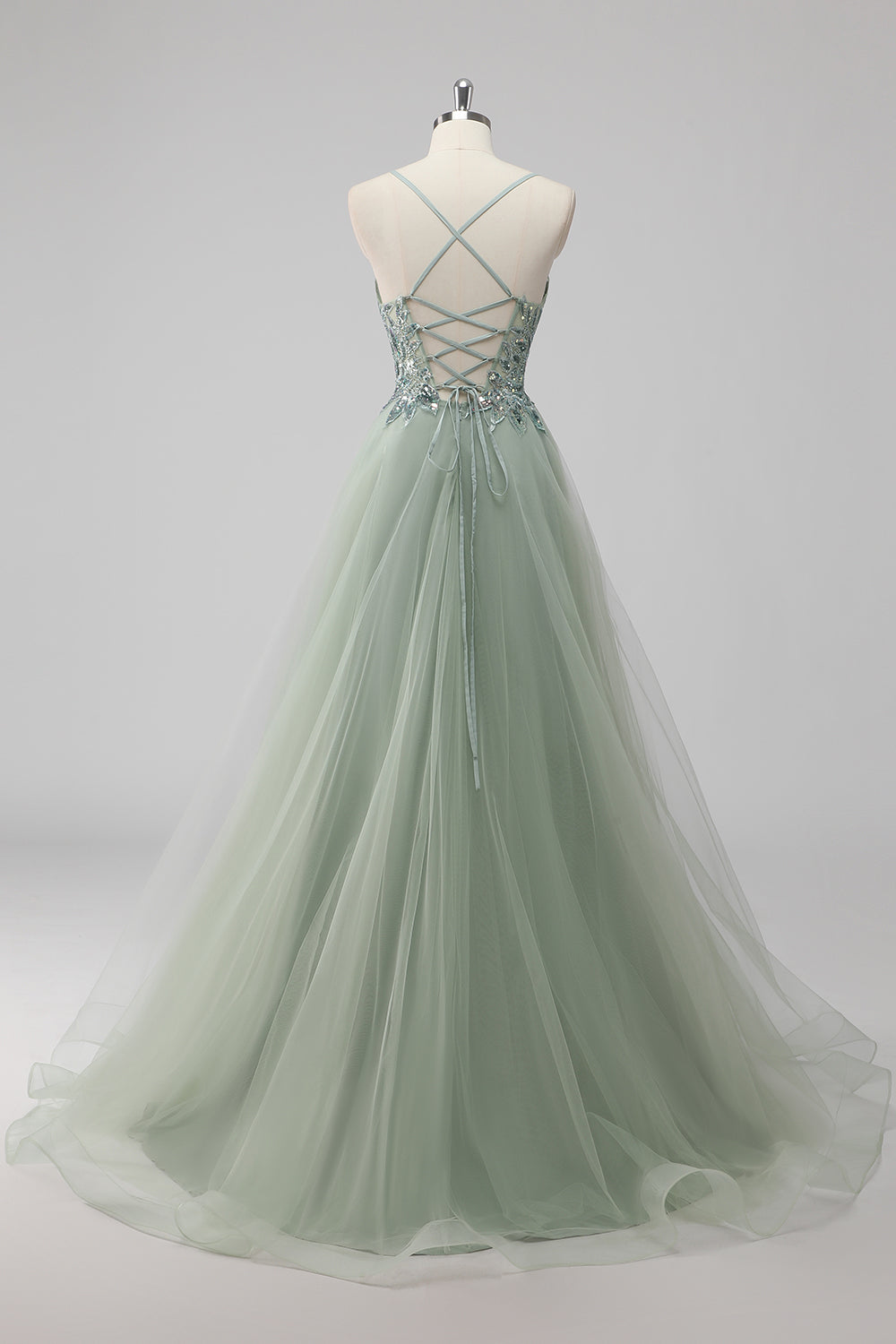 Pink A-Line Spaghetti Straps Tulle Long Prom Dress with Sequined Appliques