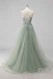 Pink A-Line Spaghetti Straps Tulle Long Prom Dress with Sequined Appliques