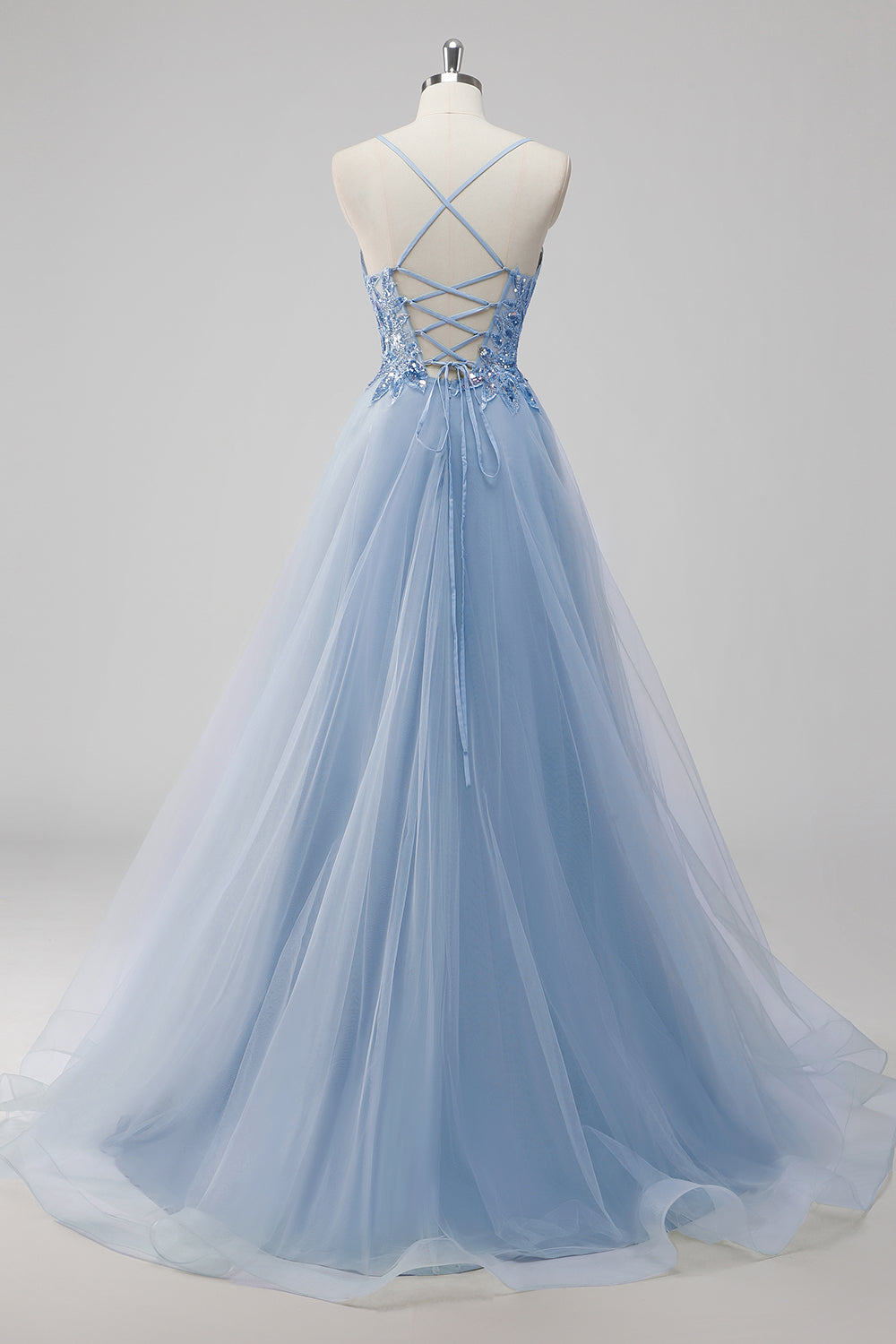 Pink A-Line Spaghetti Straps Tulle Long Prom Dress with Sequined Appliques
