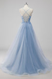 Pink A-Line Spaghetti Straps Tulle Long Prom Dress with Sequined Appliques