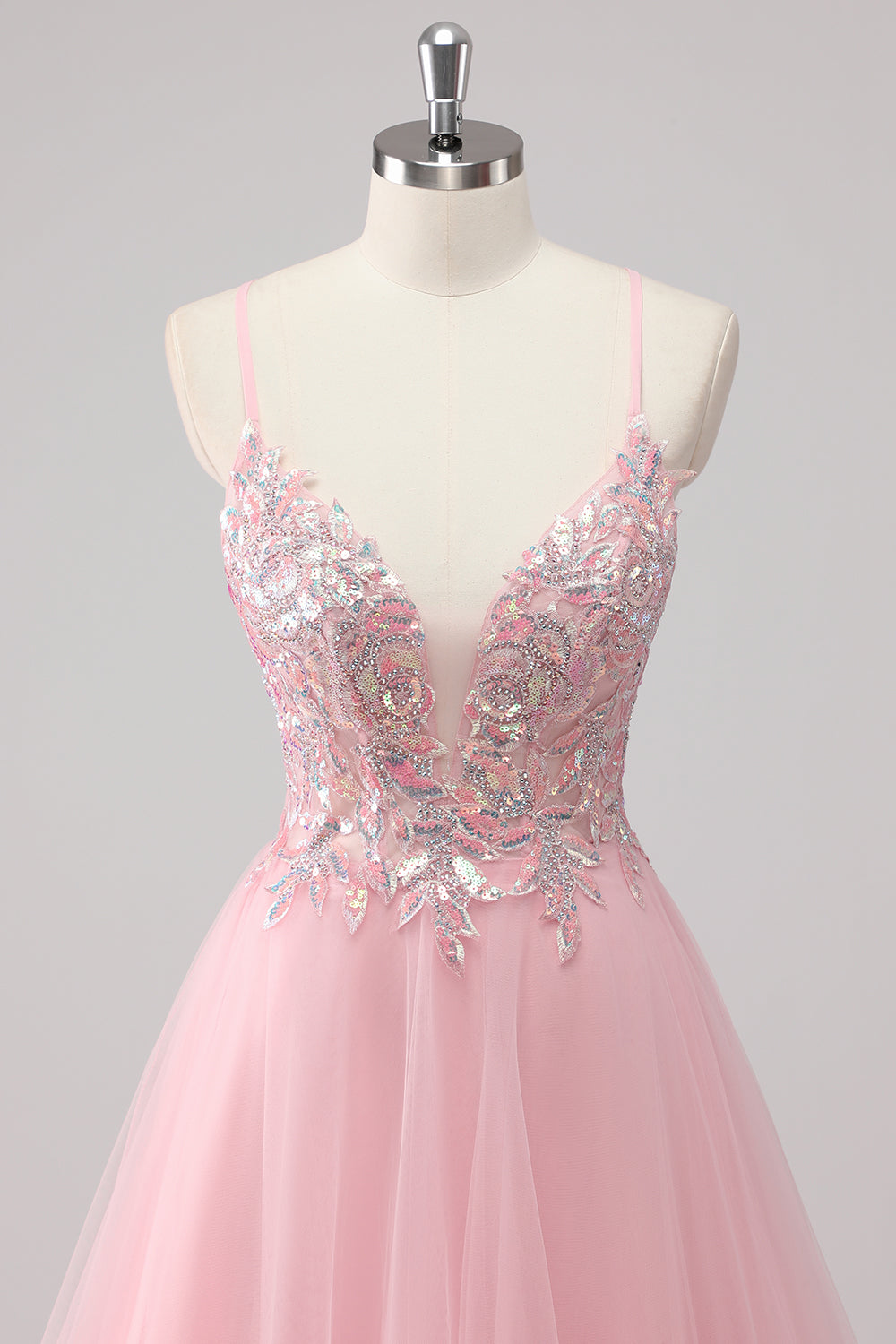 ZAPAKASA Women Sparkly Pink Long Prom Dress A-Line Spaghetti Straps