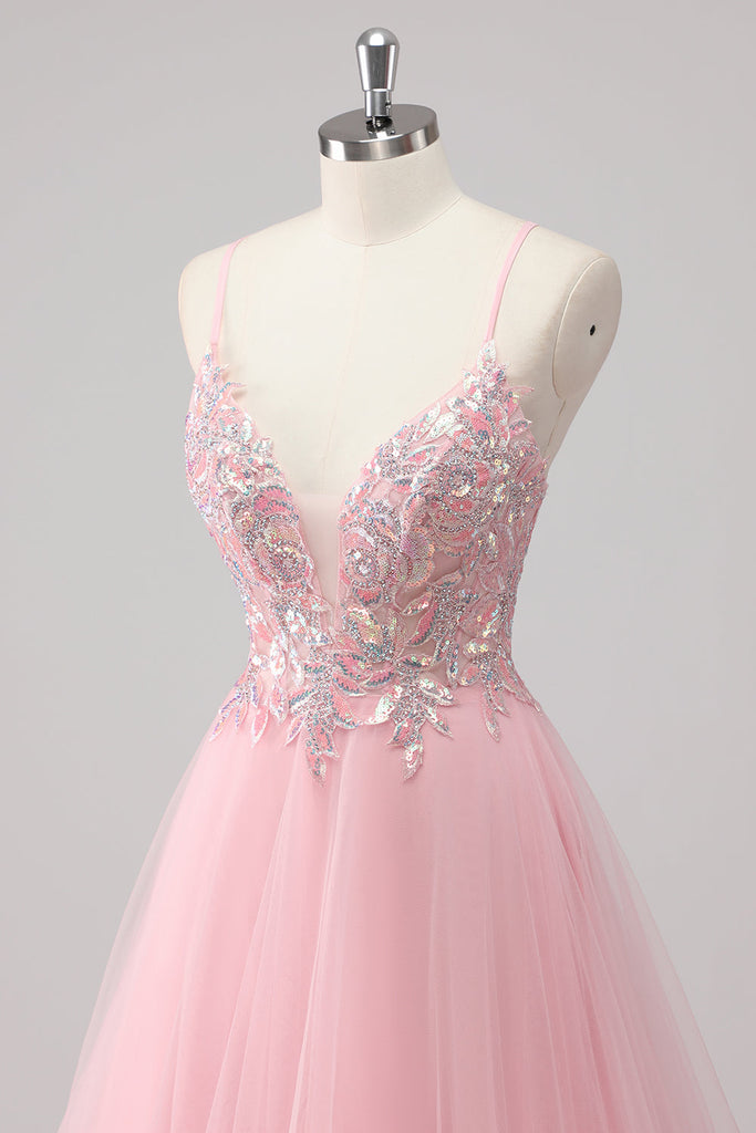 A Line Spaghetti Straps Tulle Pink Prom Dress LBQ0529 main image 1