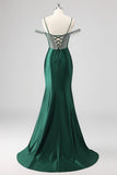 Sparkly Black Mermaid Off the Shoulder Beading Long Prom Dress with Slit