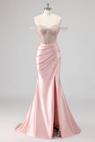 Sparkly Black Mermaid Off the Shoulder Beading Long Prom Dress with Slit