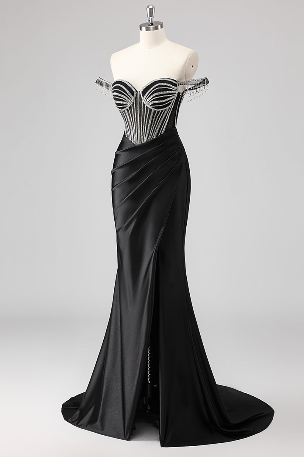 Sparkly Black Mermaid Off the Shoulder Beading Long Prom Dress with Slit