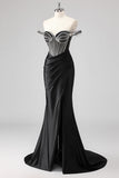 Sparkly Black Mermaid Off the Shoulder Beading Long Prom Dress with Slit