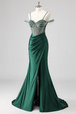 Sparkly Black Mermaid Off the Shoulder Beading Long Prom Dress with Slit