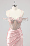 Sparkly Black Mermaid Off the Shoulder Beading Long Prom Dress with Slit