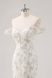 White Green Flower Off The Shoulder Floral Prom Dress