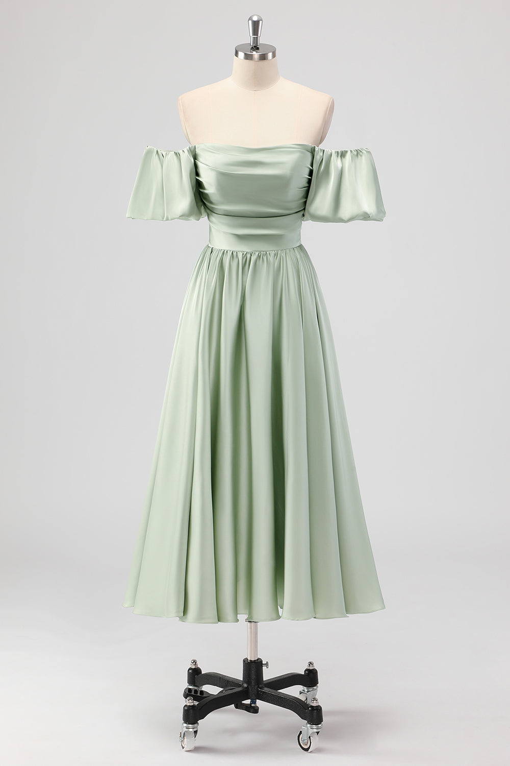 Sage Green A-Line Off the Shoulder Satin Tea Length Bridesmaid Dress