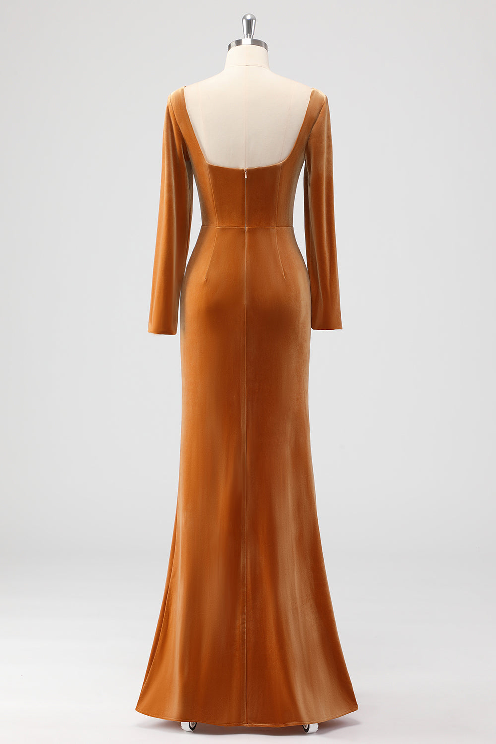 Brown Sheath Square Neck Velvet Long Sleeves Long Bridesmaid Dress