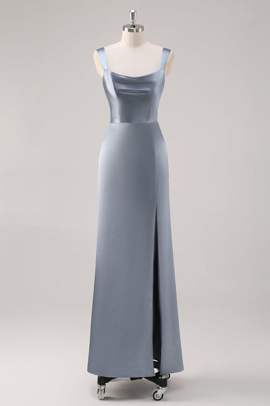 Simple Sheath Grey Blue Satin Bridesmaid Dress with Slit