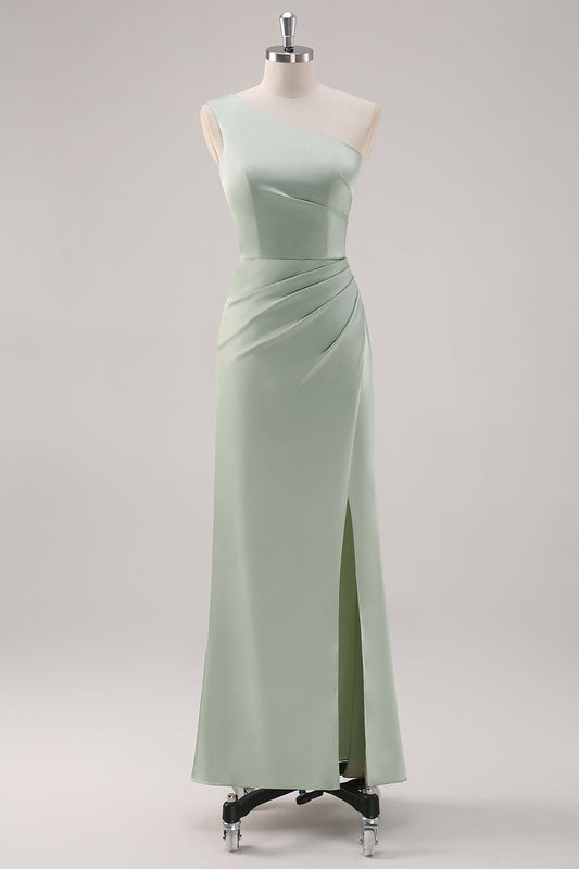 Simple Satin Sage Green One Shoulder Bridesmaid Dress with Slit