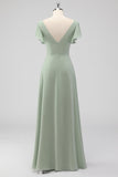 Sage Green A-Line Chiffon V-neck Long Bridesmaid Dress with Short Sleeves