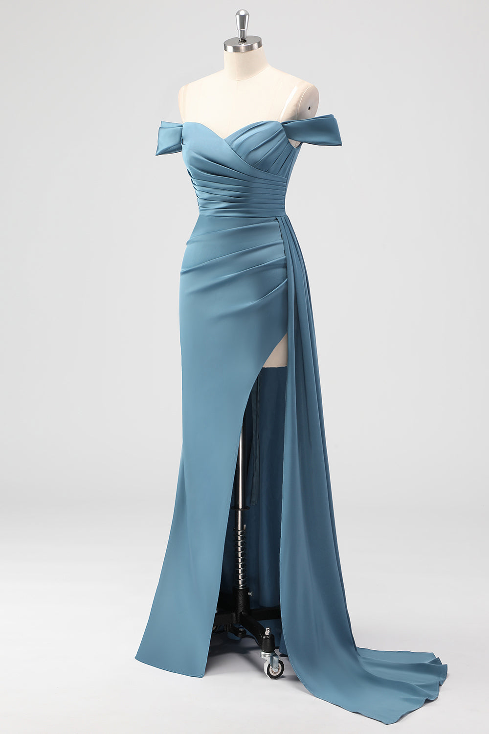 Zapakasa Women Dusty Blue Mermaid Bridesmaid Dress Off the Shoulder Satin Long Wedding Guest Dress with Slit Zapakasa Women Dusty Blue Mermaid Bridesmaid Dress Off the Shoulder Satin Long Wedding Guest Dress with Slit