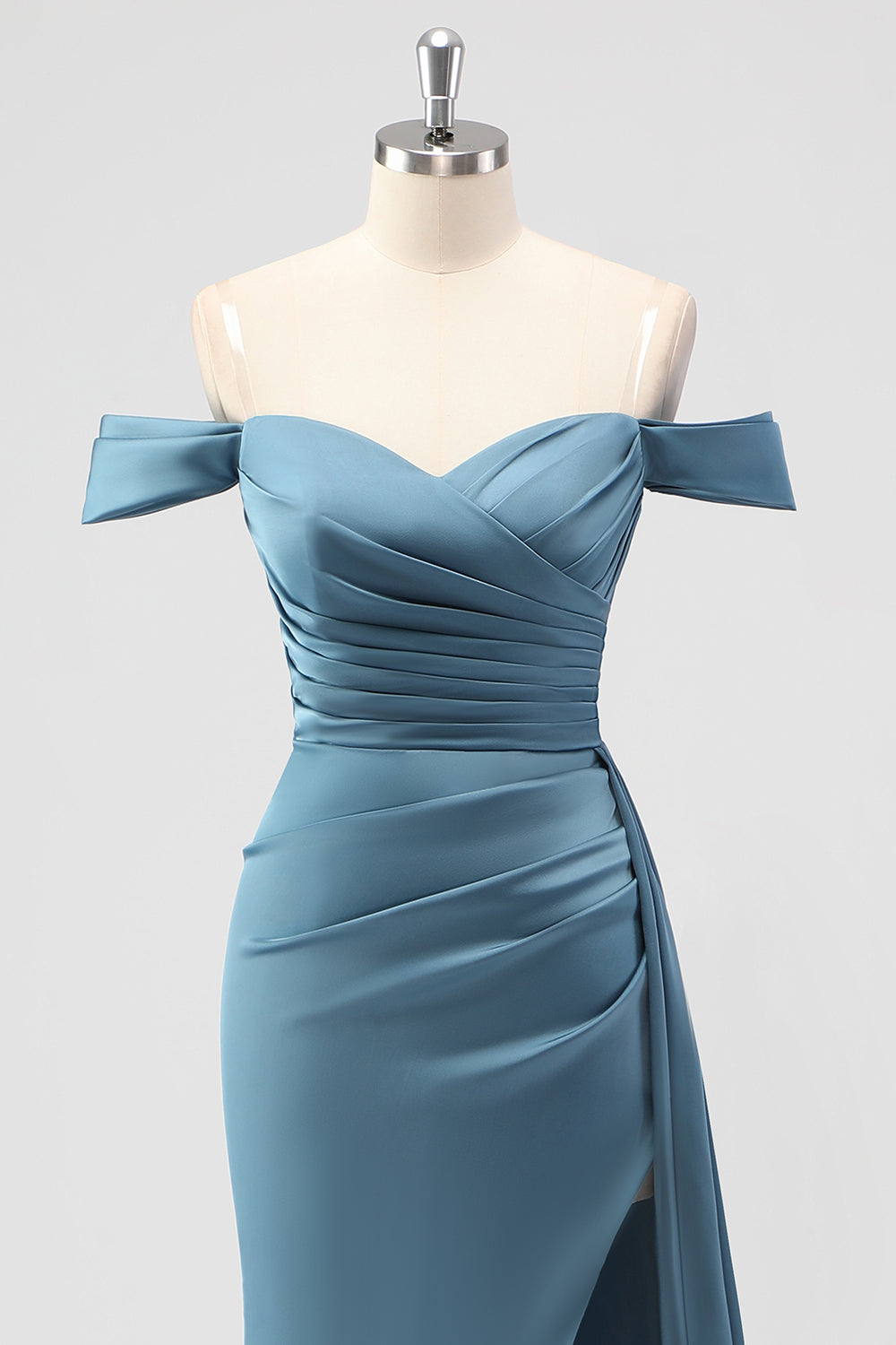 Zapaka Women Dusty Blue Mermaid Bridesmaid Dress Off The Shoulder Satin Long Wedding Guest Dress with Slit, Satin Color / UK10 Zapaka Women Dusty Blue Mermaid Bridesmaid Dress Off The Shoulder Satin Long Wedding Guest Dress with Slit, Satin Color / UK10