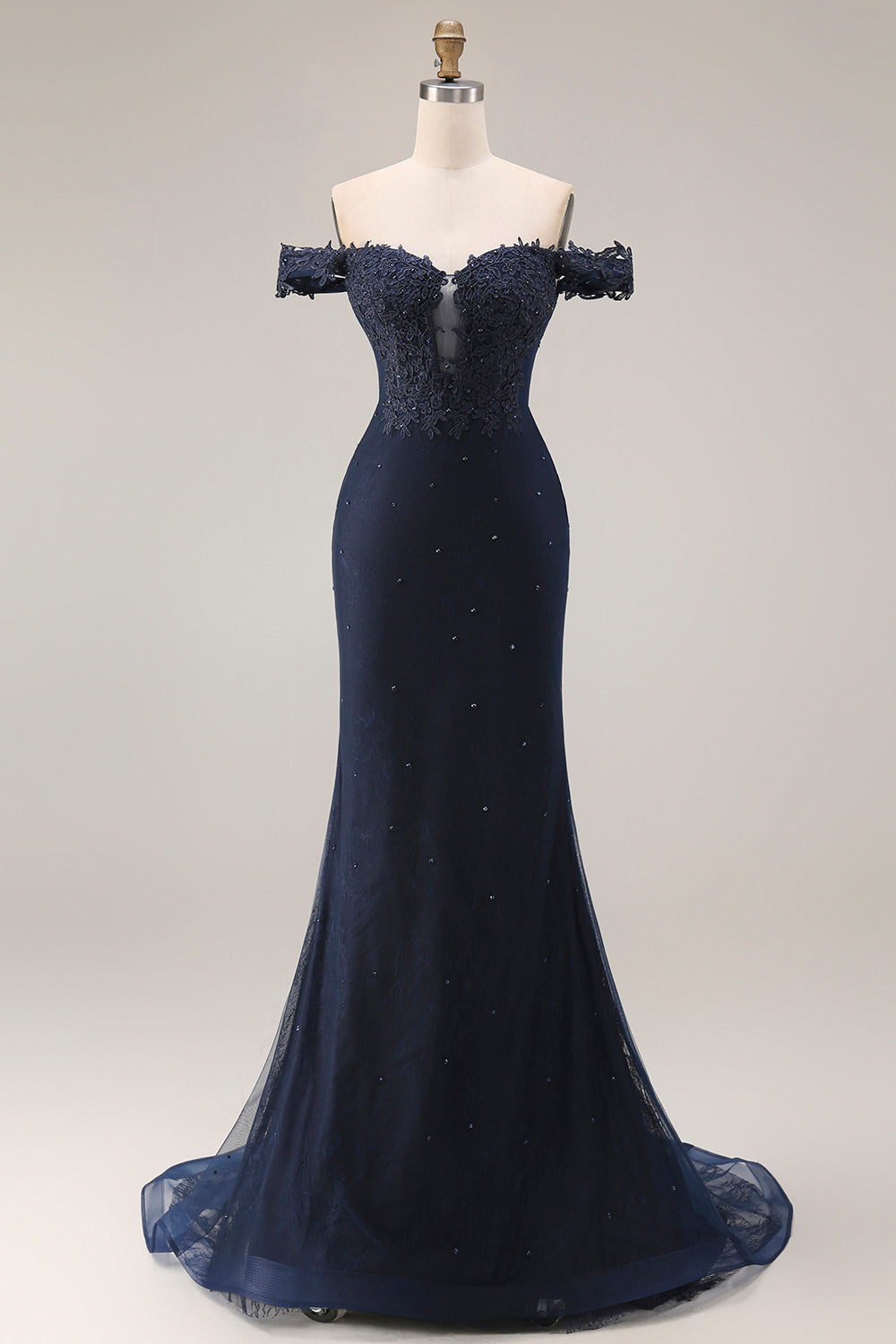 Off The Shoulder Mermaid Navy Appliqued Beaded Long Prom Dress